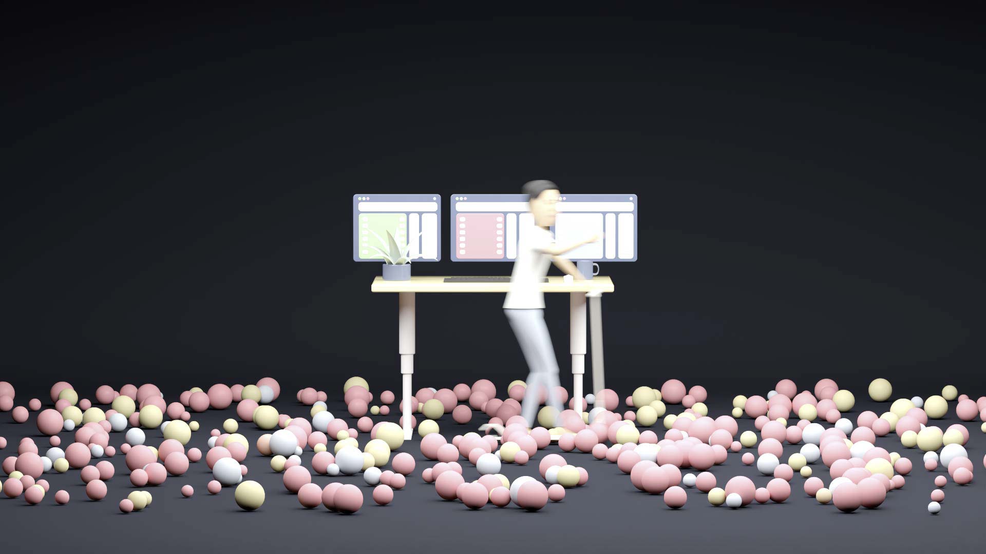 A co-worker enters the workspace represented by a height-adjustable desktop. The co-worker uses an e-scooter. In the room, there are numerous rolling balls representing itesign-developed apps.